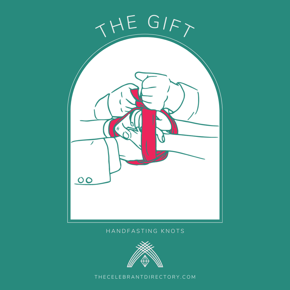 illustration of The gift handfasting knot with hands layered and wrapped in a bow with a ribbon